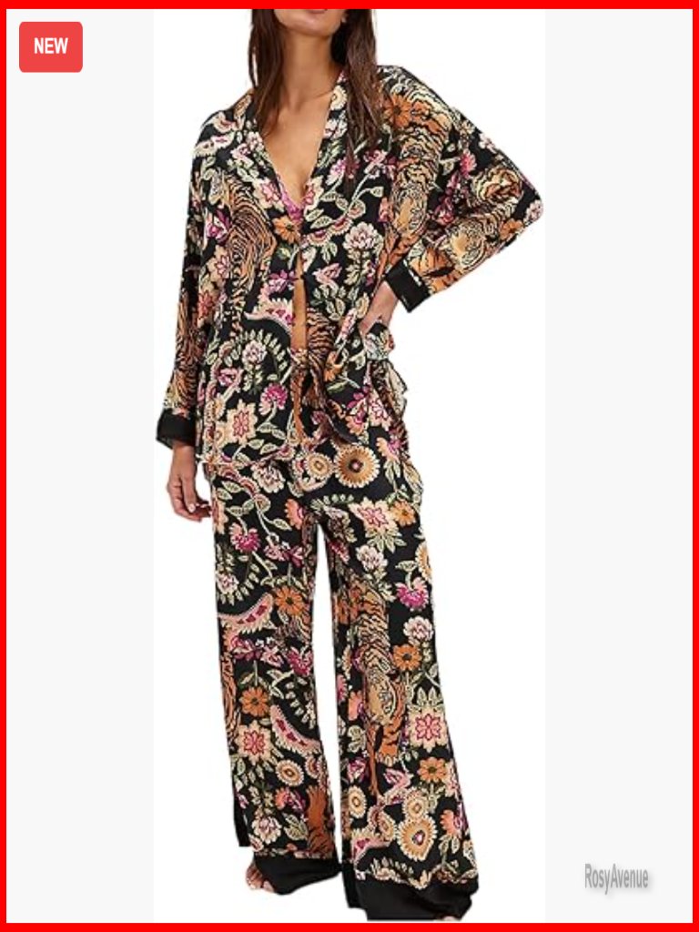 Satin Pajama Set 2 Piece Long Sleeve Button Down Pjs Sleepwear